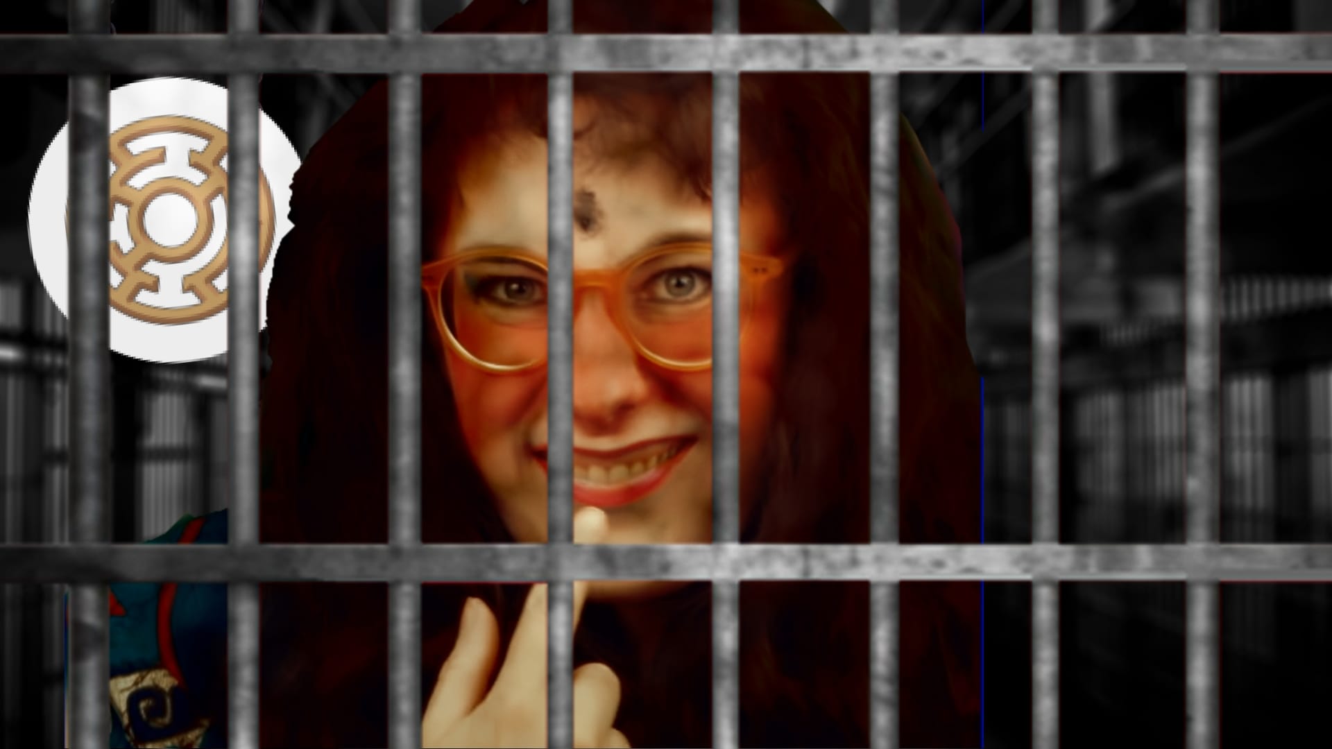 Meljoann, red-faced, penitent's ash on her forehead, is behind prison bars.