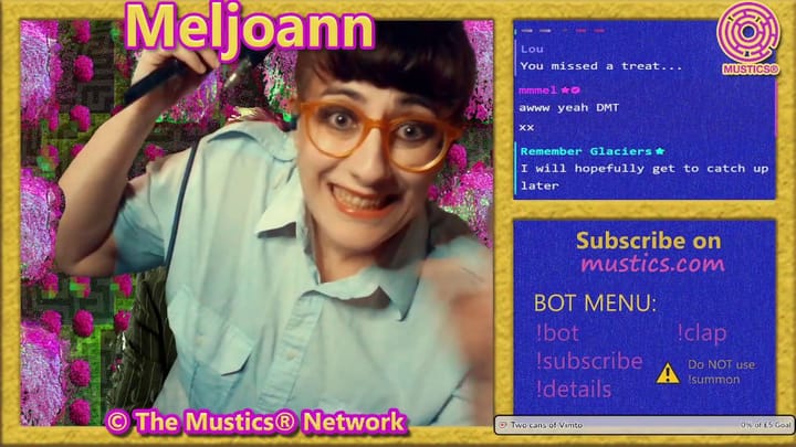 I'm holding a mic with a cheesy grin, looking scared. Panels to my right display some stream chat and the Bot Command Menu.