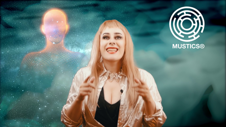 Synergy smiles and gesticulates in front of a futuristic background of teal clouds and a glowing mannequ