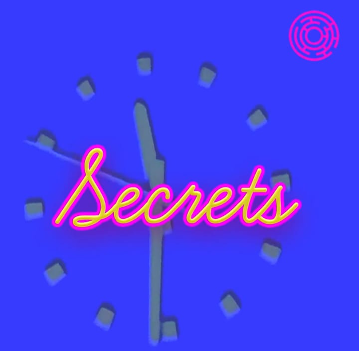 The SECRETS talk show logo: a neon sign in hot pink, in front of a blue screen with a yellow clock icon