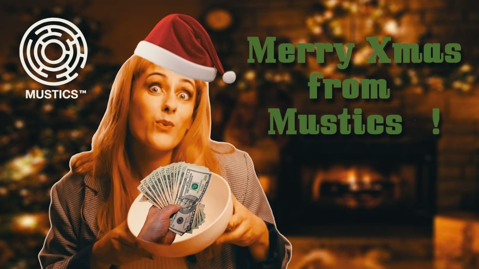 Synergy in Santa hat, and festive fireplace. From her bowl, a human hand holds a fistful of money.