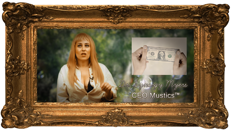 A picture of CEO Synergy Myers in a gold frame. Inlaid: hands stretching out a dollar.