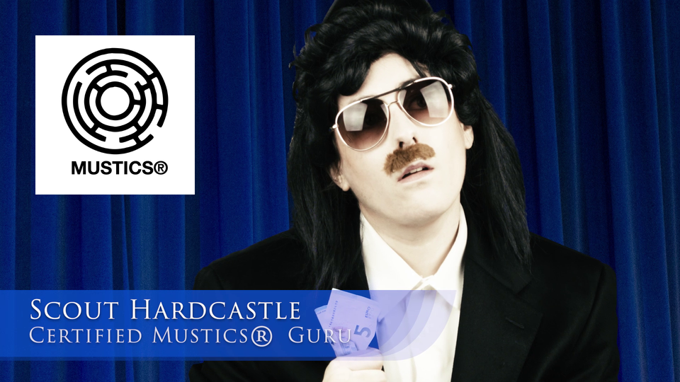 The now-deceased Scount Hardcastle, Certified Mustics Guru, clutching some money.